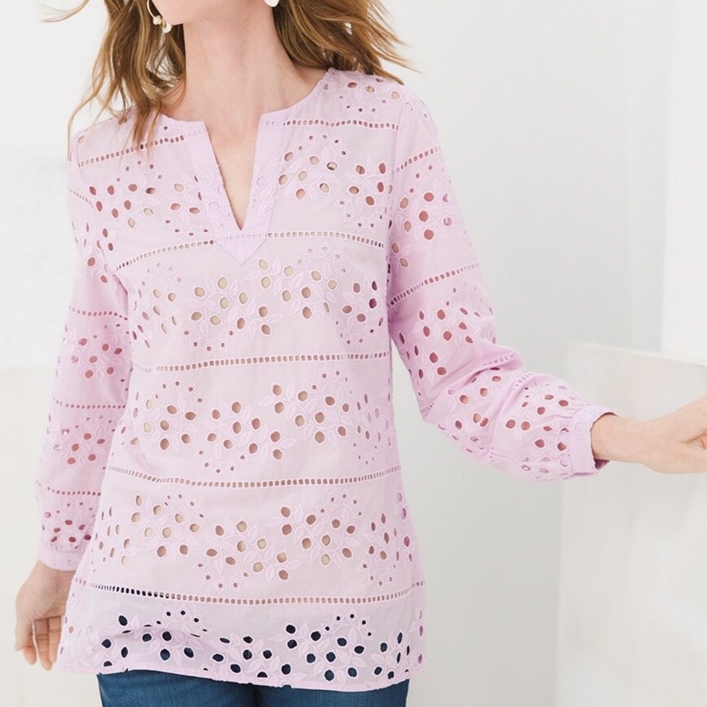 Chico’s NWT Lavender Blush Floral Embroidered Eyelet Blouse Size 2 (US 12/14) - Picture 1 of 8